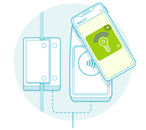 A line drawing of a VTAP reader connected to a door lock. A smart phone is tapping the reader to gain access through the door.